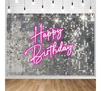 Withu Silver Sequins Pink Neon Happy Birthday Backdrop for Photography Shining Flash Stars Shimmer Wall Decoration Banner Princess Girls Women Bday Party Background 7x5ft
