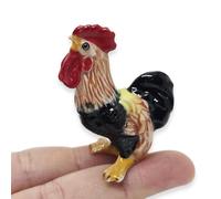 WitnyStore Tiny 1⅞" Brown Black Crowing Rooster Chicken Hen Chick Figurine - Miniature Hand Made Ceramic Poultry Birds Domestic Fowls Farm Animals Porcelain Decorative Collectible Figure Décor Gifts
