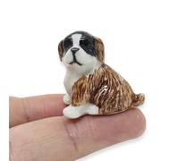 WitnyStore Tiny 1⅛" Brown White Sit Look Left Saint Bernard Pup Dog Figurine - Miniature Hand Made Painted Ceramic Dogs Puppy Canine Animals Cute Porcelain Decorative Collectible Figures Décor Gifts
