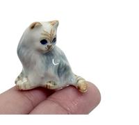 WitnyStore Tiny 1⅛" Gray White Brown Persian Longhair Cat Sitting Look Back Figurine - Miniature Hand Made Ceramic Cats Kitten Feline Animals Cute Porcelain Decorative Collectible Figures Décor Gifts
