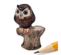 WitnyStore Tiny 1⅜" High Brown Owl On Tree Stump Figurine - Miniature Hand Made Painted Ceramic Owls Owlet Nocturnal Bird Cute Porcelain Animal Colorful Small Decorative Collectible Figure Décor Gifts