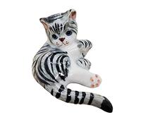 WitnyStore Tiny 1⅜" Long Resting White Grey Tabby Cat Figurine - Miniature Hand Made Painted Ceramic Striped Shorthair Kitten Animal Porcelain Clay Pottery Decorative Collectible Figurines Décor Gifts