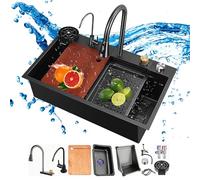 Witriolik Black Stainless Steel Single-Bowl Kitchen Sink, 31.5×17.7in Waterfall Sink with Pull-Out Faucet, Pressurized Cup Washer Full Set of Accessories