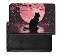 WIUFHFR Passport Holder for Travel Black Cat Moon Pink Cherry Blossom Pu Leather Passport Cover Case with Card Slot