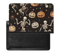 WIUFHFR Passport Holder for Travel Halloween Skeletons Pumpkins Stars Patterns Pu Leather Passport Cover Case with Card Slot