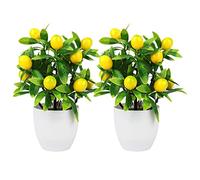 WIVAYE 2 Pcs Artificial Lemon Tree Plant Decor, 9.45In Fake Green Pot Plants Flowers Ornaments Mini Potted Fruit Stems Decor in for Home Office Decorations, 3.78 x 9.45inch