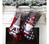 WIVAYE 2Pack Christmas Stockings,18.9inch Black-White Buffalo Plaid Christmas Stocking with 3D Mr & Mrs Gnomes, Plush Cuff Fireplace Hanging Stocking Ornaments for Holiday Party Decor, Black,red