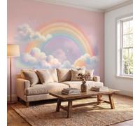 WIVCOMD Cute Animation Panoramic Wallpaper Murals, Rainbow Clouds Silk Wall Murals, Cherry Blossom Pink Photo Wall Decor for Modern Living Room Children's Room - 400 x 280 cm