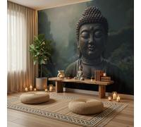 WIVCOMD Dark Style 3D Effect Photo Wallpaper, Dark Green Buddha Statue Forest Light and Shadow Panoramic Wall Mural for Bedroom Living Room Hallway Home Office Decor Photo Wall Paper, 450 X 315 Cm