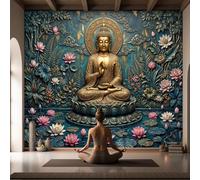 WIVCOMD Forest Zen Panoramic Wallpaper Murals, Buddha Statue with Lotus and Green Leaves Silk Wall Murals, Dark Green Photo Wall Decor for Modern Living Room Meditation Room - 400 X 280 Cm