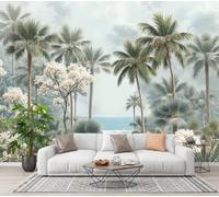 WIVCOMD Jungle Plants Wall Mural Wallpaper, Tropical Palm Tree Flowers Panoramic Photo, Light Green Wall Art for Living Room Dining Room Bedroom - 300 x 210 cm
