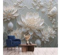 WIVCOMD Plants and Flowers 3D Effect Photo Wallpaper, Pale Green Lotus Relief Panoramic Wall Mural for Bedroom Living Room Hallway Home Office Decor Photo Wall Paper, 350 X 256 Cm