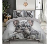 WIVCOMD Surrealist Style King Reversible Duvet Cover Sets Grey Bedding Set, French Bulldog Printed Duvet Cover with Pillowcases Zip Closure Perfect for Hot Sleeper