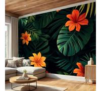 WIVCOMD Tropical Plants Panoramic Wallpaper Bedroom, Monstera Deliciosa and Hibiscus Photo Wallpaper Mural, Dark Green Wall Art Photo Decoration for Living Room Game Room Office - 200 X 140 Cm