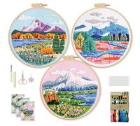 WIVLAX 3 Pack Embroidery Kit for Adults Beginners, DIY Mountain Landscape Pattern Stitch Craft Set with Hoop, Thread & Needles, Hand Embroidery Starter Kit for Women Teens, Ideal Sewing Gift Idea