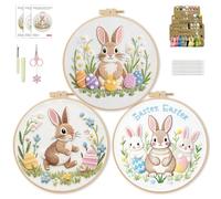 WIVLAX Easter Embroidery Kit for Beginners, 3PCS DIY Hand Embroidery Set with Bunny Egg Floral Patterns, Including Hoop Thread Needles, Easter Craft Sewing Gift for Women Teens Girls