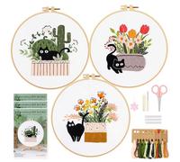 WIVLAX Embroidery Kit for Adults Beginners 3PCS, DIY Stitch Craft Set with Cat Pattern, Hoop, Thread & Needles, Starter Hand Flower Embroidery Kits for Adults, Sewing Gift Set for Women & Teens