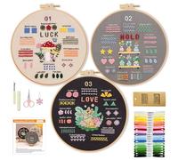 WIVLAX Embroidery Kit for Beginners, 3 Pack Starter Set, Learn 38 Stitches, Pre-Printed Fabric for Stitch Practice, Includes Threads, Needles, Hoop & Video Tutorials