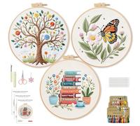WIVLAX Embroidery Kit for Beginners Adults - 3PCS DIY Hand Embroidery Craft Set with Tree, Butterfly, Book & Flower Patterns, Hoop, Thread, Needles, Unique Mindful Sewing Gift for Women, Teens