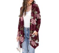 Wiwclo Plus Size Cardigan for Women Lightweight with Pockets Knit Long Sleeve Floral Fall Kimono Cardigans Dressy High Low Hem,Flower Wine Red,XL