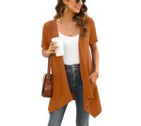 Wiwclo Trendy Lightweight Summer Cardigan Casual Soft Draped Open Front Short Sleeve Cardigans for Women with Pockets High Low Hem 2025,Brown,M