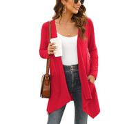 Wiwclo Veryoung Women's Lightweight Cardigan Casual Soft Long Sleeve Solid Knit Cardigans with Pockets High Low Hem Draped Duster,Red,Small