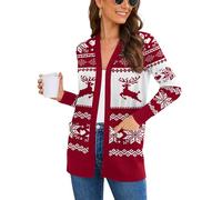 Wiwclo Veryoung Women's Long Sleeve V-Neck Open Front Cardigan Knit Duster Jacket Sweaters with Pockets, Christmas Red, Large