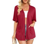 Wiwclo Women's 2025 Summer Lightweight Cardigan Short Sleeve Open Front Casual Loose Cover Ups with Pockets, A10-maroon, L