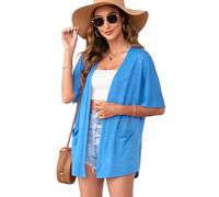 Wiwclo Women's 2025 Summer Lightweight Cardigan Short Sleeve Open Front Casual Loose Cover Ups with Pockets, A09-blue, L
