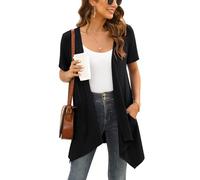 Wiwclo Womens Black Short Sleeve Cardigan Open Front Lightweight Summer Cardigan Kimono Casual Soft Draped Vest with Pockets High Low Hem 2025,Large