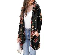 Wiwclo Women's Lightweight Cardigan Casual Soft Long Sleeve Floral Knit Cardigans with Pockets High Low Hem Draped Duster,Brown Flower Black,Small