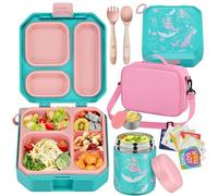 wiwens Bento Lunch Box for Kids with 12oz Soup Thermo Leak-Proof Lunch Food Container with 5 Compartment Thermo Hot Food Jar and Insulated Lunch Bag for Kid Toddler Girls Boys to School