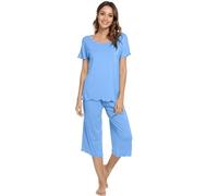 WiWi Bamboo Pajamas for Women Soft Pajama Sets Short Sleeves Top with Capri Pants Pjs Plus Size Loungewear S-4X, Sky Blue, X-Large