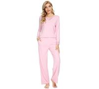 WiWi Bamboo Soft Pajamas Sets for Women Long Sleeve Sleepwear Lace V Neck Top with Pants Plus Size Loungewear S-4X, Pink, X-Large