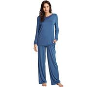 WiWi Bamboo Soft Pajamas Sets for Women Long Sleeve Sleepwear Lace V Neck Top with Pants Plus Size Loungewear S-4X, Prussian Blue, 4X