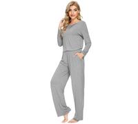 WiWi Bamboo Soft Pajamas Sets for Women Long Sleeve Sleepwear Lace V Neck Top with Pants Plus Size Loungewear S-4X, Heather Grey, Medium