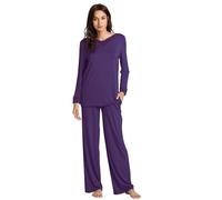 WiWi Bamboo Soft Pajamas Sets for Women Long Sleeve Sleepwear Lace V Neck Top with Pants Plus Size Loungewear S-4X, Dark Purple, XX-Large