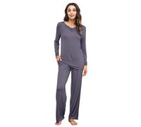 WiWi Bamboo Soft Pajamas Sets for Women Long Sleeve Sleepwear Lace V Neck Top with Pants Plus Size Loungewear S-4X, Dark Grey, 4X