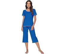 WiWi Bamboo Viscose Pajamas Set for Women Short Sleeve Sleepwear 2 Piece Tops & Capri Pants Pjs Sets S-XXL, Bright Blue, Small