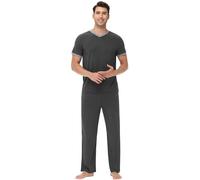 WiWi Mens Pajamas Set Short Sleeve Sleepwear Knit Nightwear 2 Pieces Viscose from Bamboo Loungewear Sets S-XXL, Charcoal Heather, Medium