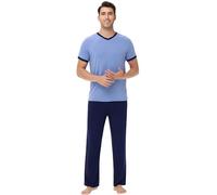 WiWi Mens Pajamas Set Short Sleeve Sleepwear Knit Nightwear 2 Pieces Viscose from Bamboo Loungewear Sets S-XXL, Fog Blue, Medium