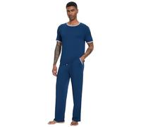 WiWi Men's Viscose from Bamboo Pajama Sets Short Sleeve Breathable Sleepwear Cozy Loungewear Pjs with Pockets S-XXL, Nautical Blue, X-Large