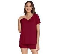 WiWi Pajamas for Women Loose Comfy 2 Pieces Pj Set Top and Shorts Viscose from Bamboo Loungewear S-XXL, Wine Red, Small
