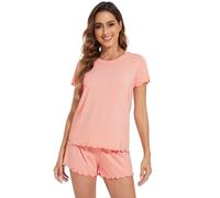 WiWi Soft Viscose from Bamboo Pajamas for Women Summer Short Sleeve Top with Shorts Pajama Set Cooling Sleepwear S-XXL, Peach Pink, XX-Large