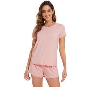 WiWi Soft Viscose from Bamboo Pajamas for Women Summer Short Sleeve Top with Shorts Pajama Set Cooling Sleepwear S-XXL, Peach Pink, X-Large