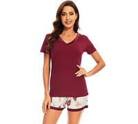 WiWi Womens Pajamas Set Soft Bamboo Pjs Nightwear Short Sleeve Top with Shorts Pajama Sets Plus Size Sleepwear S-4X, Wine flower, Small