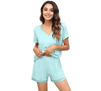 WiWi Womens Pajamas Set Soft Bamboo Pjs Nightwear Short Sleeve Top with Shorts Pajama Sets Plus Size Sleepwear S-4X, Aqua, 4X