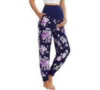 WiWi Women's Viscose from Bamboo Maternity Pants Soft Over The Belly Pregnancy Leggings High Waist Stretchy Bottoms, B-dark Navy/Purple Floral, S