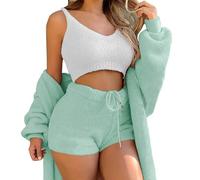WIWIDANG Shecozy Pajama Set,Cozy Knit Set 3-Piece, Women's Fluffy 3 Piece Pajama Set Sexy Fuzzy 3 Piece Cardigan Outfits (UK, Alpha, M, Regular, Regular, Green-a)