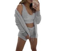 WIWIDANG Shecozy Pajama Set,Cozy Knit Set 3-Piece, Women's Fluffy 3 Piece Pajama Set Sexy Fuzzy 3 Piece Cardigan Outfits (UK, Alpha, XXL, Regular, Regular, Gray-b)